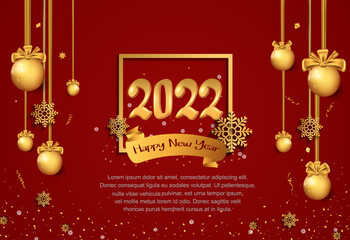 Naklejka premium happy new year 2022 golden number in square with celebration element isolated on red background