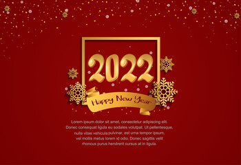 happy new year 2022 golden number in square with snow flake isolated on red background