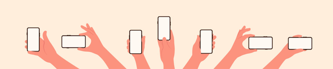 Hand hold the mobile phone in a horizontal and vertical position with white screen vector illustration set in flat style isolated