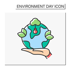 Earth color icon. Reforestation. Forests regrowing. Restoring cut down forests. Eco awareness. Environment day concept. Isolated vector illustration
