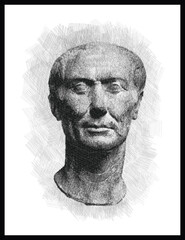 Gaius Julius Caesar bust pen sketch illustration. Archaeological Museum Turin, Italy. Poster, Wall Decoration, Postcard, Social Media Banner, Brochure Cover Design Background. Vector Pattern.