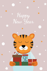 Greeting card for the new year 2022. Striped tiger in a blue sweater holds gifts