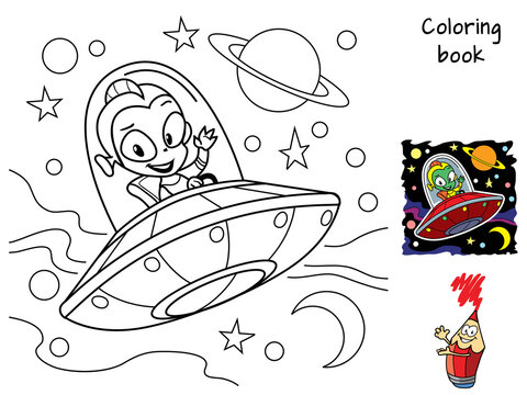 UFO with a green alien. Coloring book