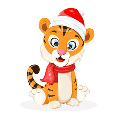 Happy tiger with a winter red cap and scarf in cartoon style