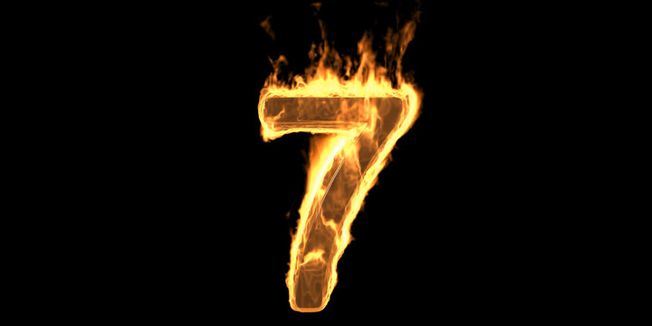 Fire number 7 seven burning flame. Hot fiery burn font glowing on black background. 3d illustration