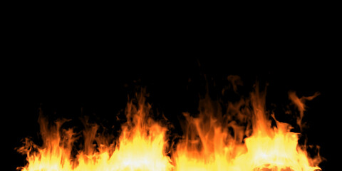 Fototapeta na wymiar Fire line on black background, banner. Burning horizontal flame, warm house in winter. 3d illustration