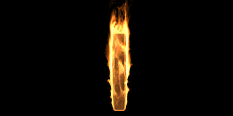 Fire alphabet letter I burning flame. Hot fiery font glowing, black background. 3d illustration