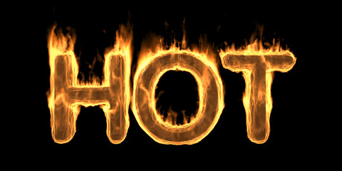 HOT Fire flaming text, Burning flame design element isolated on black background. 3d illustration