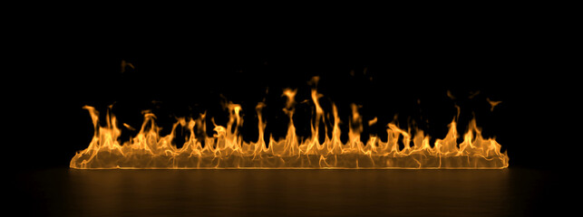 Fire line on black background, banner. Burning horizontal flame, warm house in winter. 3d illustration