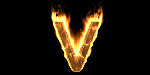 Fototapeta na wymiar Fire alphabet letter V burning flame. Hot fiery font glowing, black background. 3d illustration