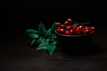 The studio shot of a red rose hips with green branch on dark wooden background. Low key