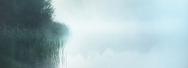 Picturesque scenery of the forest lake in a thick white fog. Reflections on the water. Dark...