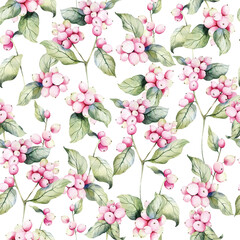 Seamless watercolor illustration of winter plants. Pattern with snowberry Isolated on white background may be used as background texture, wrapping paper, textile or wallpaper design