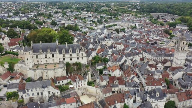 Flight over the city Loches and the Royal castle Loches on summer day. France