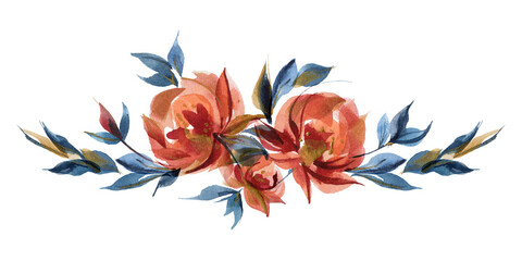 Blue and orange roses floral garland vignette in folk cottege trend