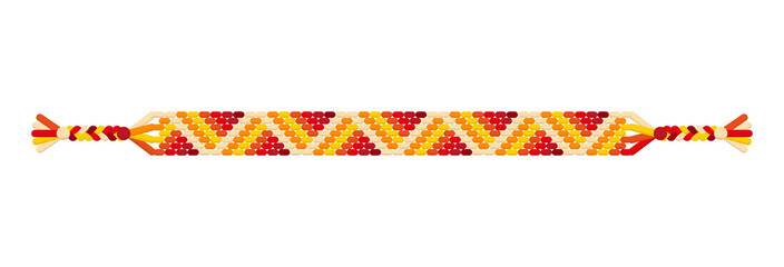 Vector multicolored handmade hippie friendship bracelet of red, orange and yellow threads. - obrazy, fototapety, plakaty