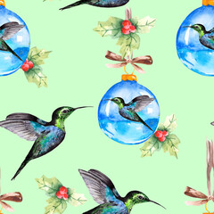 Christmas seamless pattern with holly, glass balls and hummingbirds. Festive background for textiles, wallpaper and packaging.