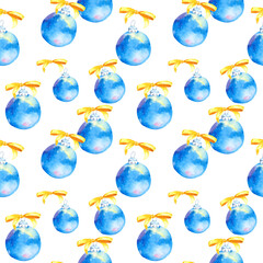 Seamless Christmas pattern with yellow bows and blue glass balls. Watercolor festive background for textile decor, wallpaper and packaging.