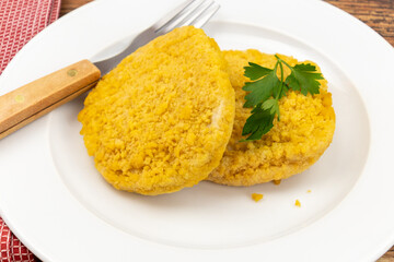 escalopes de poulet panée sur assiette blanche 
