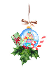 Christmas composition with a glass ball, a gift, a holly, a bow and a caramel stick on a white background. Watercolor drawing for postcard design.