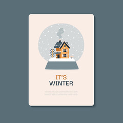 Winter postcard. Vector illustration with cozy house, tree, mountain, shrub, spruce. Christmas holidays. Northern village. Hand drawn illustration. Scandinavian style. Glass globe with snow.