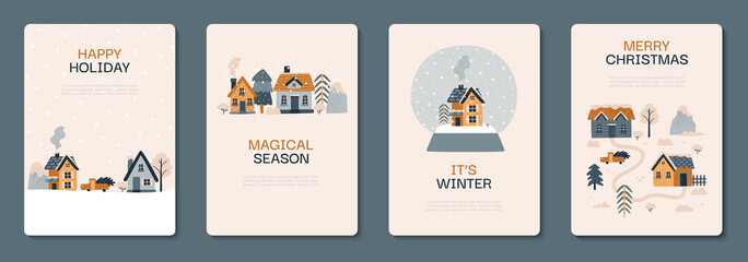 Winter postcard collection. Vector illustration with cozy houses, spruces, trees, mountains, shrubs, car. Christmas holidays. Northern village. Hand drawn illustration. Scandinavian style.
