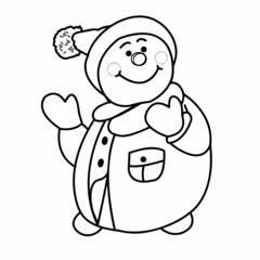 Snowman close-up on a white background. Contour drawing, vector graphics. Illustration for children for coloring.