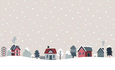 Winter banner. Vector illustration with cozy houses, spruces, trees, mountains, shrubs. Christmas holidays. Northern village. Hand drawn illustration. Scandinavian style.
