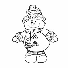 Snowman close-up on a white background. Contour drawing, vector graphics. Illustration for children for coloring.