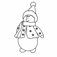 Snowman close-up on a white background. Contour drawing, vector graphics. Illustration for children for coloring.
