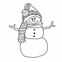 Snowman close-up on a white background. Contour drawing, vector graphics. Illustration for children for coloring.