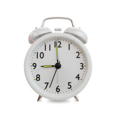 Closeup retro white alarm clock isolated on white background with clipping path, 3D rendering illustration