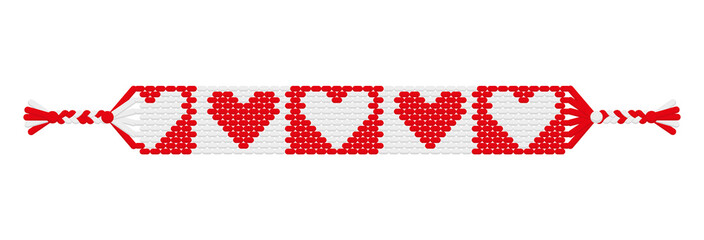 Vector boho love handmade hippie friendship bracelet of red and white threads.