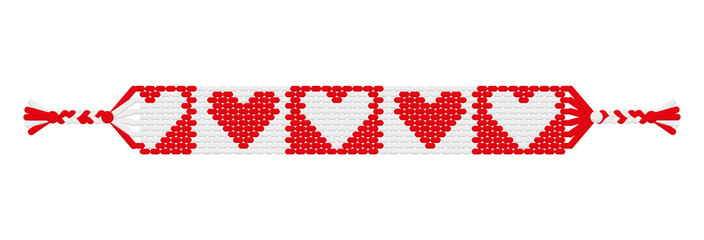 Fototapeta premium Vector boho love handmade hippie friendship bracelet of red and white threads.