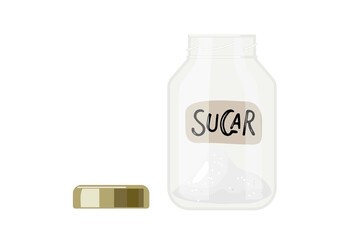Open jar of White sugar with handdrawn inscription. Kitchen utensils. Powder sugar, unhealthy nutrition, ingredient for preparation of sugary drinks, pastries. Vector illustration isolated on white.