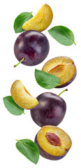 Plum with leaf isolated on white background