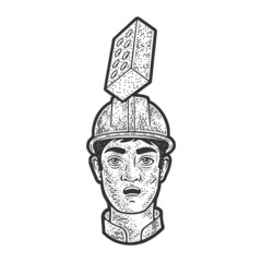 brick flying on the head of worker in helmet sketch engraving vector illustration. T-shirt apparel print design. Scratch board imitation. Black and white hand drawn image.