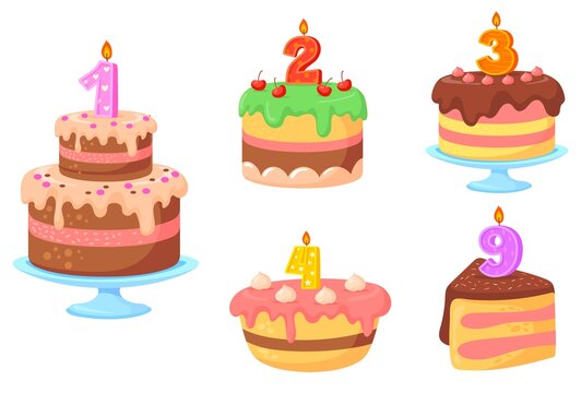 Cake candle numbers. Birthday cakes with celebration candles, colorful delicious cream desserts, holiday party decoration, congratulations children, cute cartoon neat vector