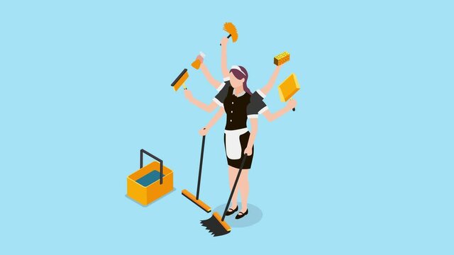 Female housekeeper doing multitask with many hands