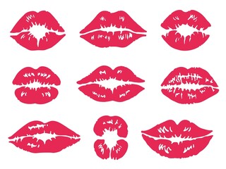 Lipstick kiss mark. Mouth and lips makeup, print lip, red female kisses, affair sexy girl, isolated silhouette, marks love, set decent vector illustration