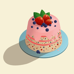 Sponge cake with pink icing and berries