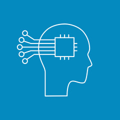 Artificial intelligence and machine learning line icon. Head and cpu. Simple thin outline pictogram. AI concept. Innovative robotic technology element. Cpu,cloud. Editable stroke vector illustration