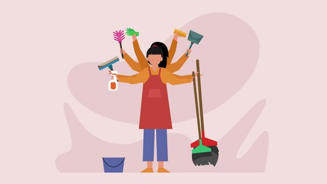 Maid doing multitask with cleaning equipment