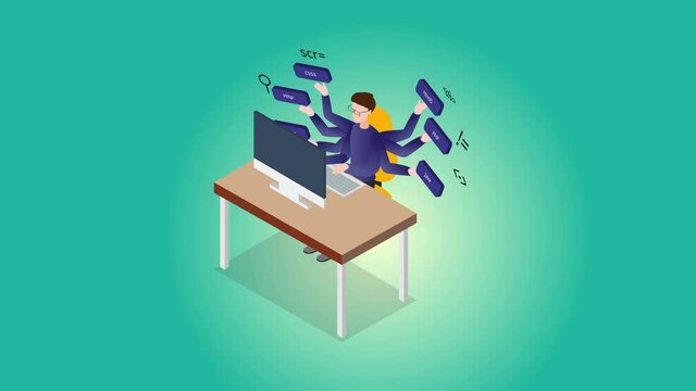 Male programmer doing multitask with many hands