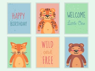 Little tiger invitation. Baby animal poster, cute bear, doodles fox, poster design childish print greeting card baby shower, cartoon kids character, set decent vector illustration