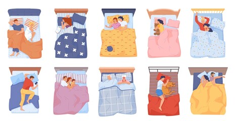 People under blankets. Family sleep lying in bed blanket, couple resting bedroom different position, man woman asleep side pose top view, baby dream cat flat