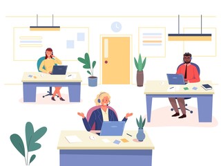 Office interior call center. Workers in headset. Call center work, operatop helplines, workspace desk contact manager