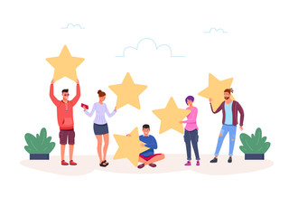 People giving stars. Customer feedback success rate, client service review, customers hold star, satisfaction rating, clients opinion, icon flat garish vector illustration