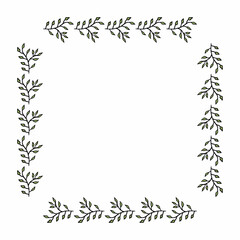Square frame with decorative green branches on white background. Vector image.