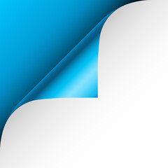 Blue paper curl. Curled page corner with shadow. Blank sheet of paper. Colorful shiny foil. Design element for advertising and promotion. Vector illustration.